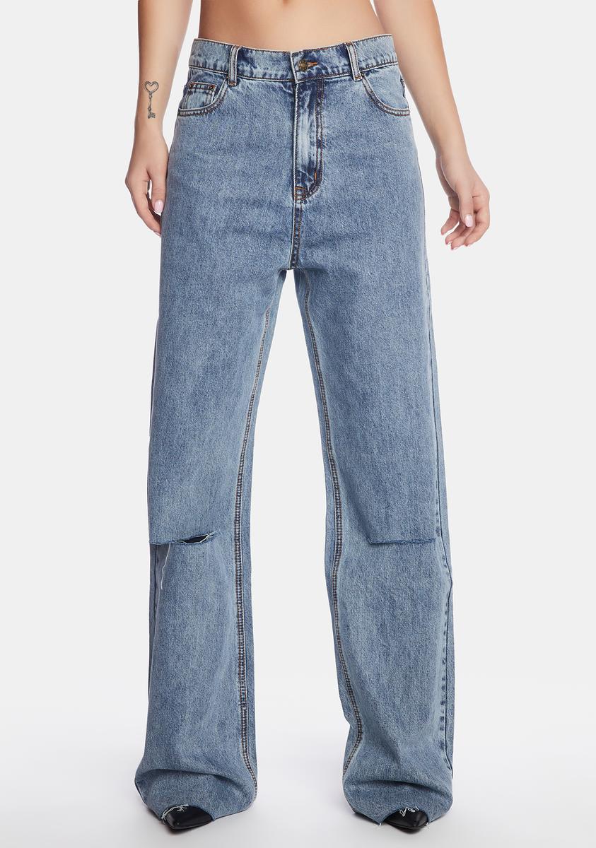 Lionnes Ripped Lioness Low Waist Ripped Baggy Jeans - Dark Blue â Dolls Kill