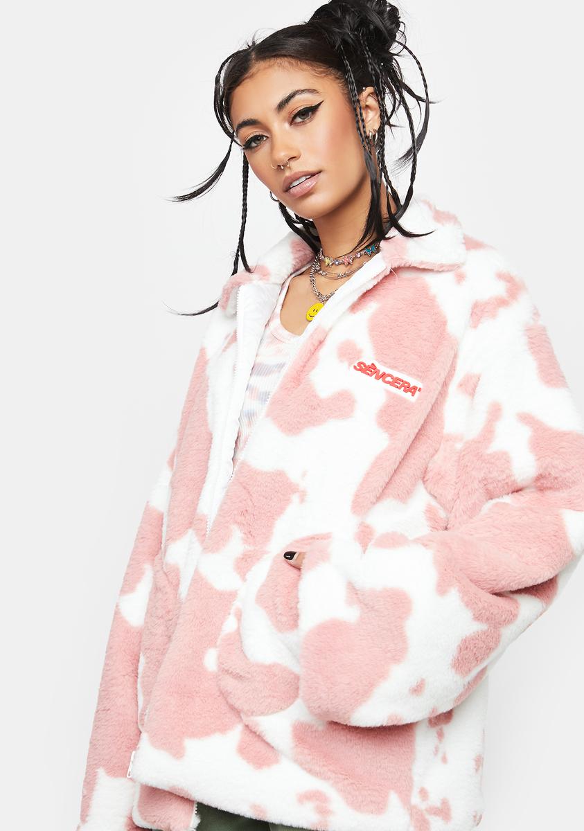 Fuzzy Cow Print Oversized Jacket Pink/White – Dolls Kill
