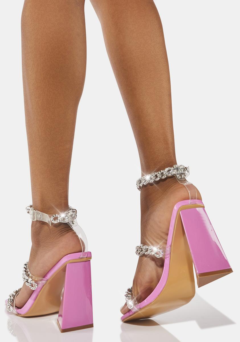 Rhinestone Studded Chain Strap Block Heels Pink Dolls Kill