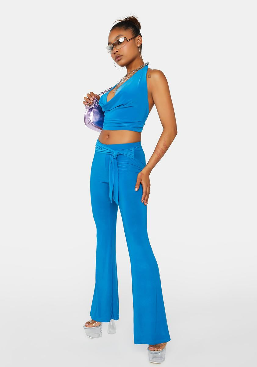 Cowl Neck Halter Top And Flare Pants Set - Blue – Dolls Kill