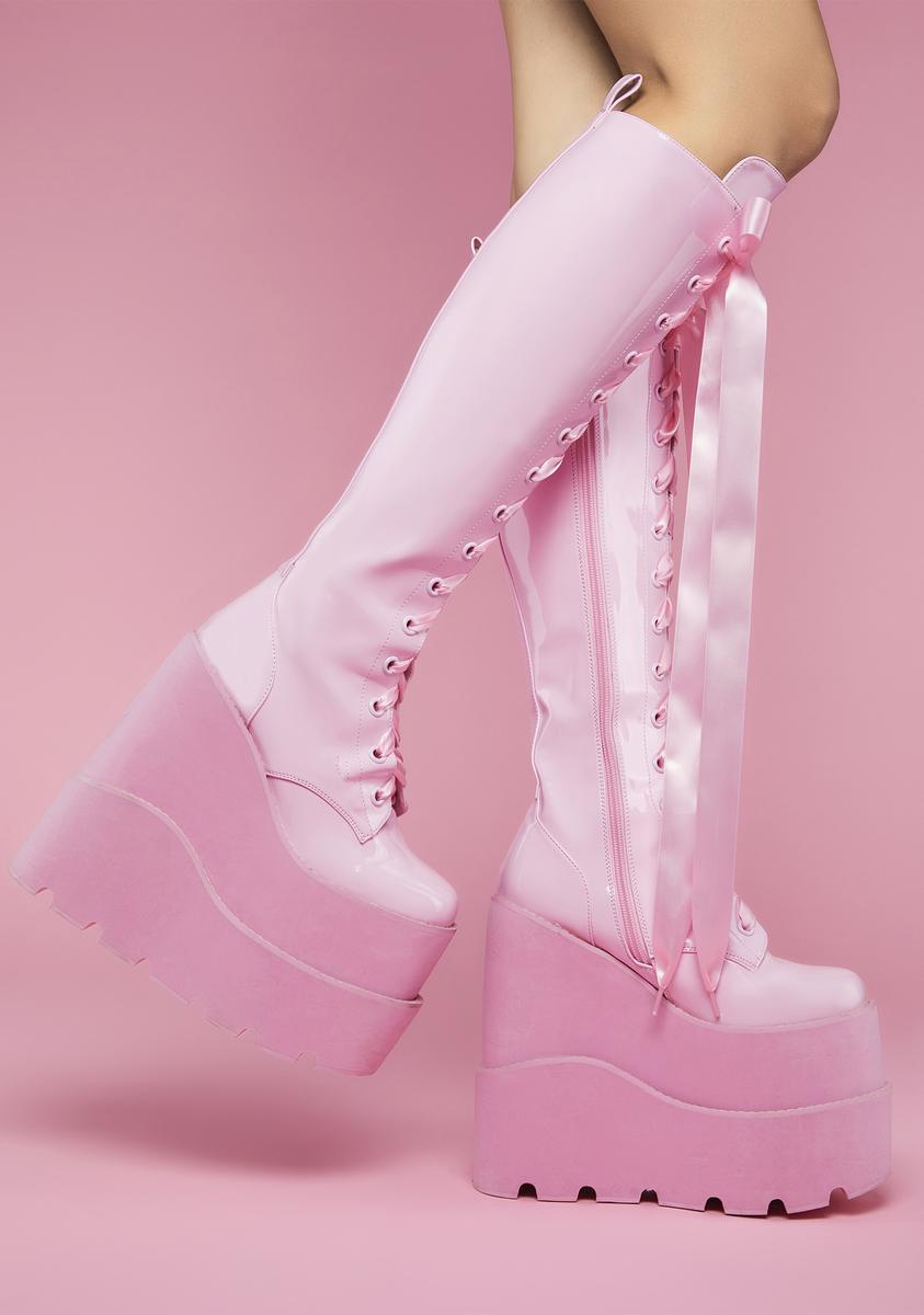 Sugar Thrillz Ribbon Lace Up Knee High Platform Boots - Pink