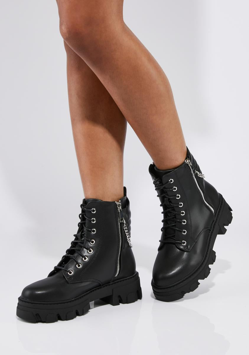 Vegan Leather Chain Detail Ankle Boots - Black – Dolls Kill