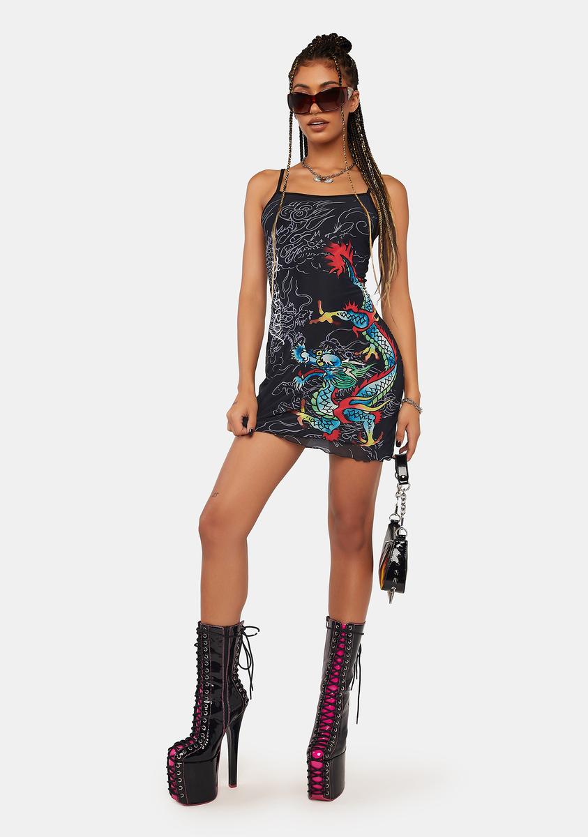 Ed Hardy x Dolls Kill Dragon Print Mesh Mini Dress - Black Ed Hardy x Dolls Kill Dragon Print Mesh Mini Dress - Black