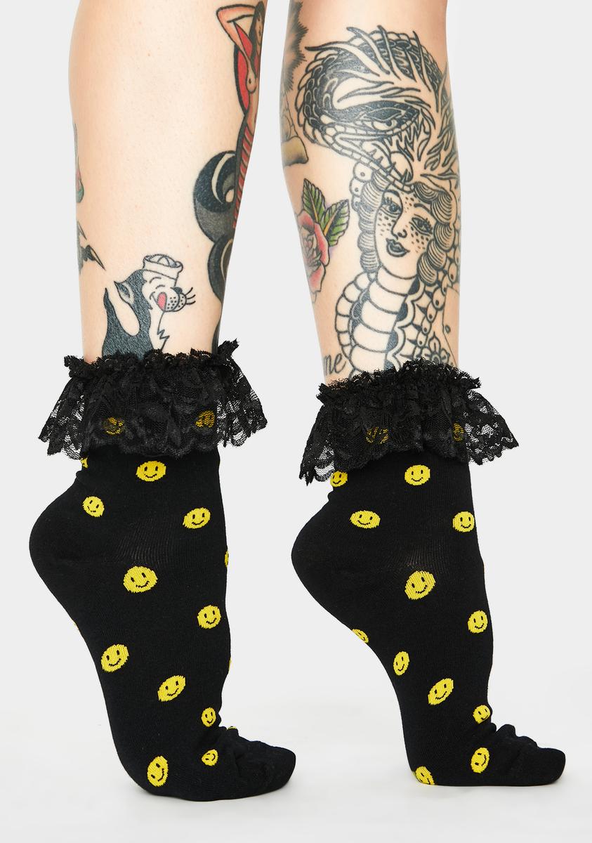 Sheer Smiley Face Ruffle Ankle Socks - Black – Dolls Kill
