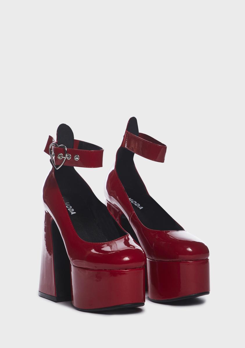 Lamoda Heart Buckle Patent Vegan Leather Platform Heels - Red – Dolls Kill