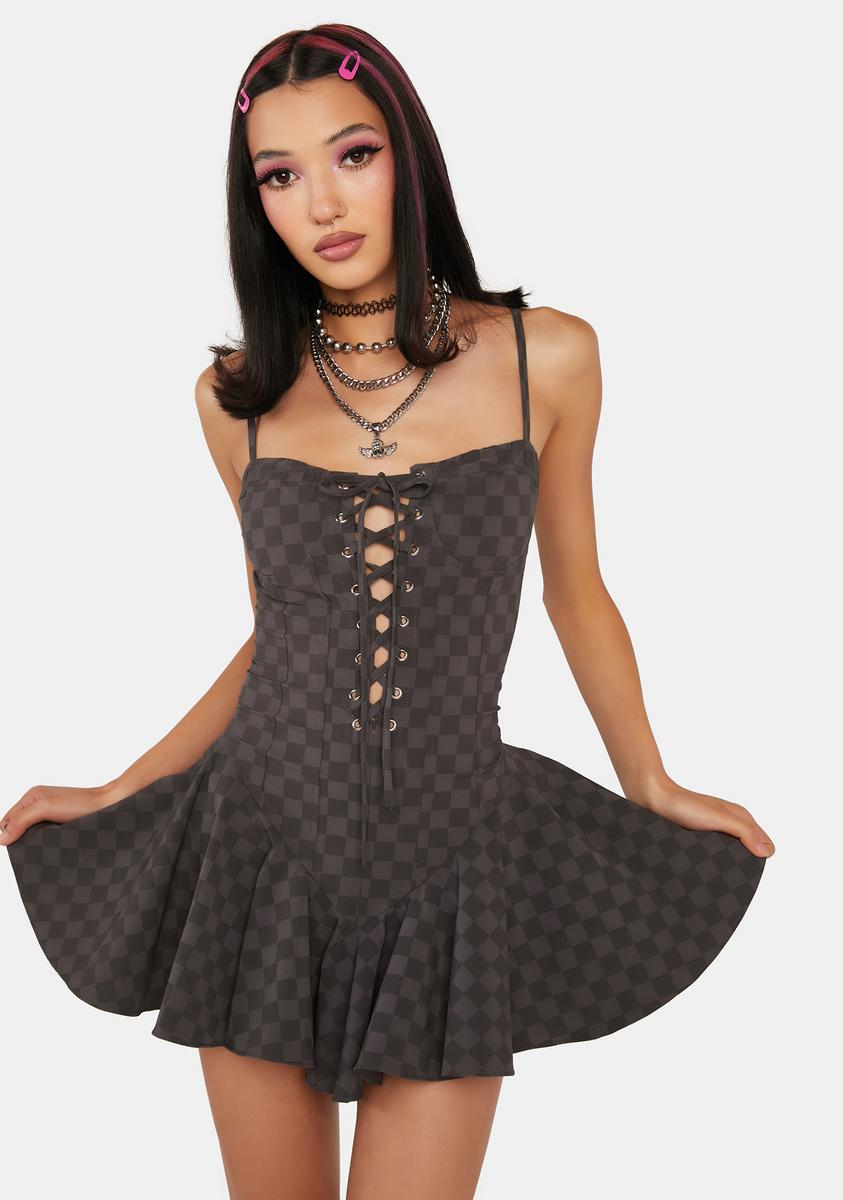 Checkered Lace-Up Mini Dress - Black – Dolls Kill