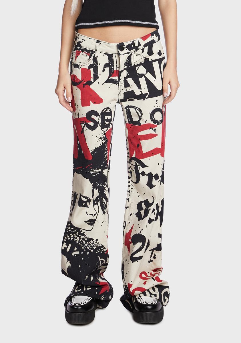Current Mood Punk Graphic Low Rise Baggy Jeans - Multi – Dolls Kill