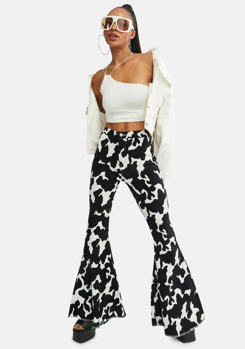 Cow Print Bell Bottom Pants Black Dolls Kill