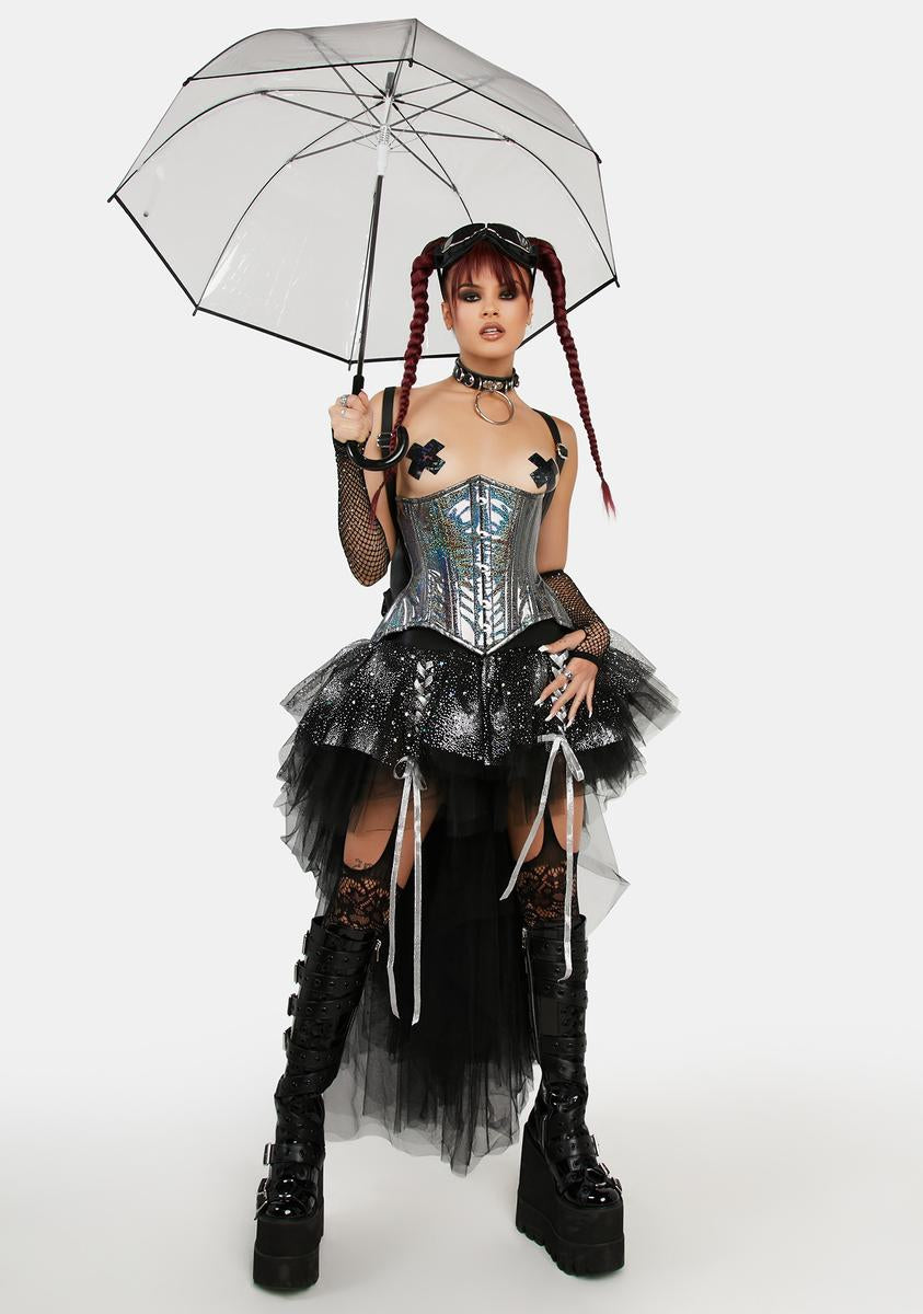 Holo Fishnet Steel Boned Corset Top Silver Black main image 1