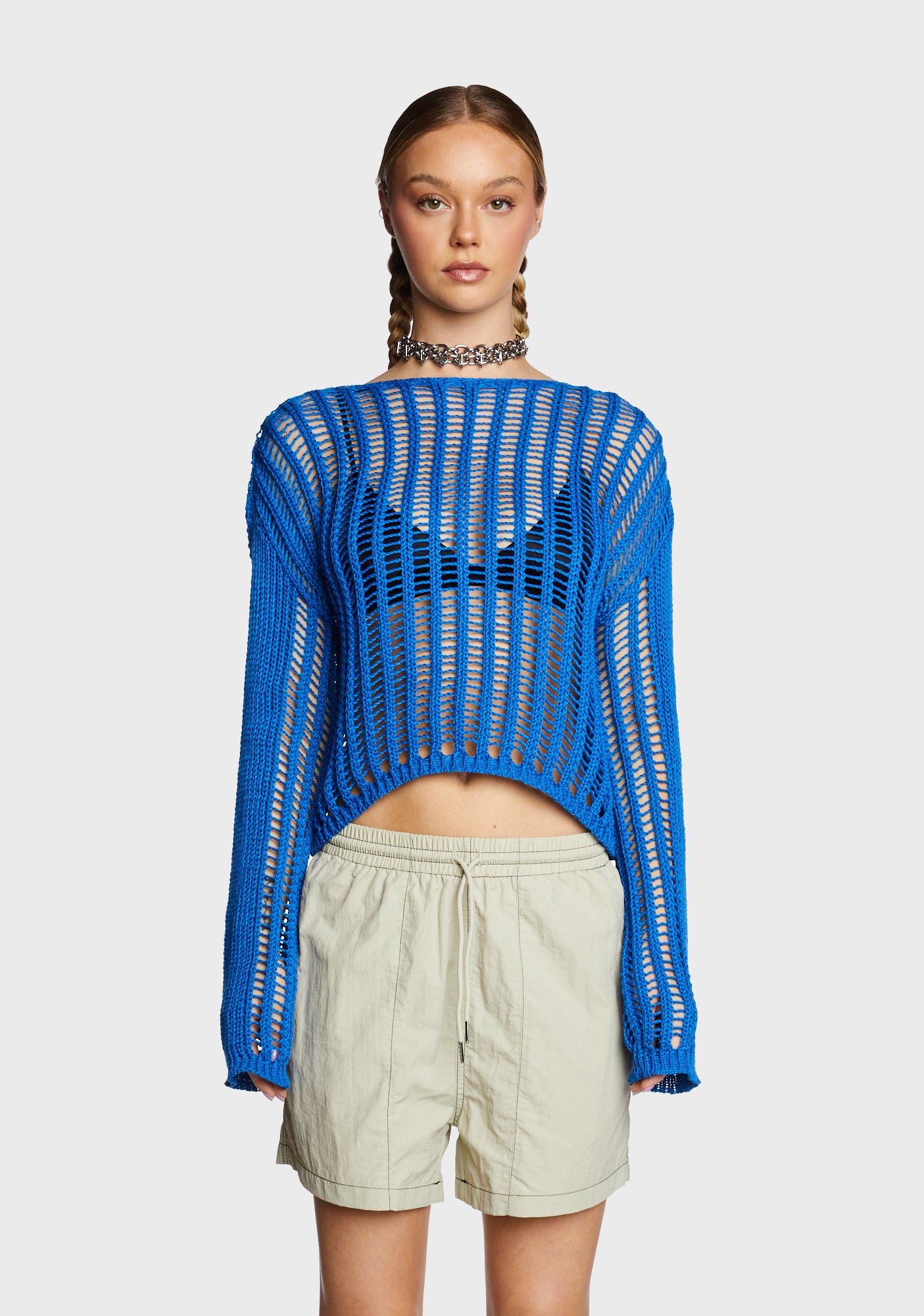 Open Knit Long Sleeve Sheer Sweater - Blue – Dolls Kill