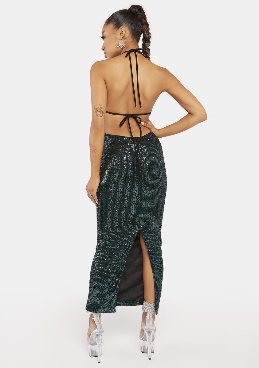 Sequin Rhinestone Cut Out Maxi Dress - Dark Green Dolls Kill Sequin Rhinestone Cut Out Maxi Dress - Dark Green Dolls Kill