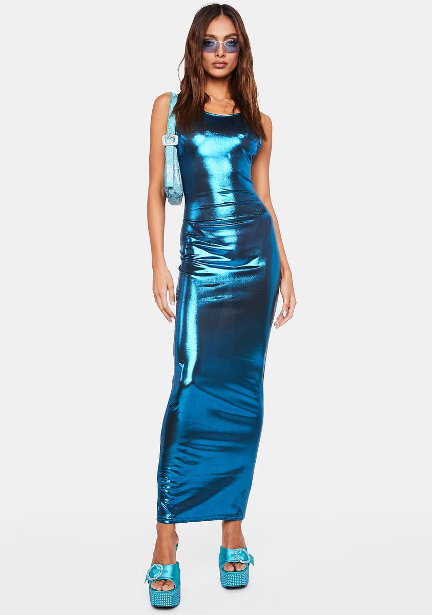 Metallic Open Back Maxi Bodycon Dress - Blue Dolls Kill Metallic Open Back Maxi Bodycon Dress - Blue Dolls Kill