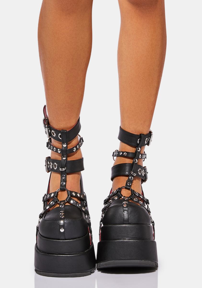 Demonia Bear-28 Strappy Harness Platform Boots – Dolls Kill