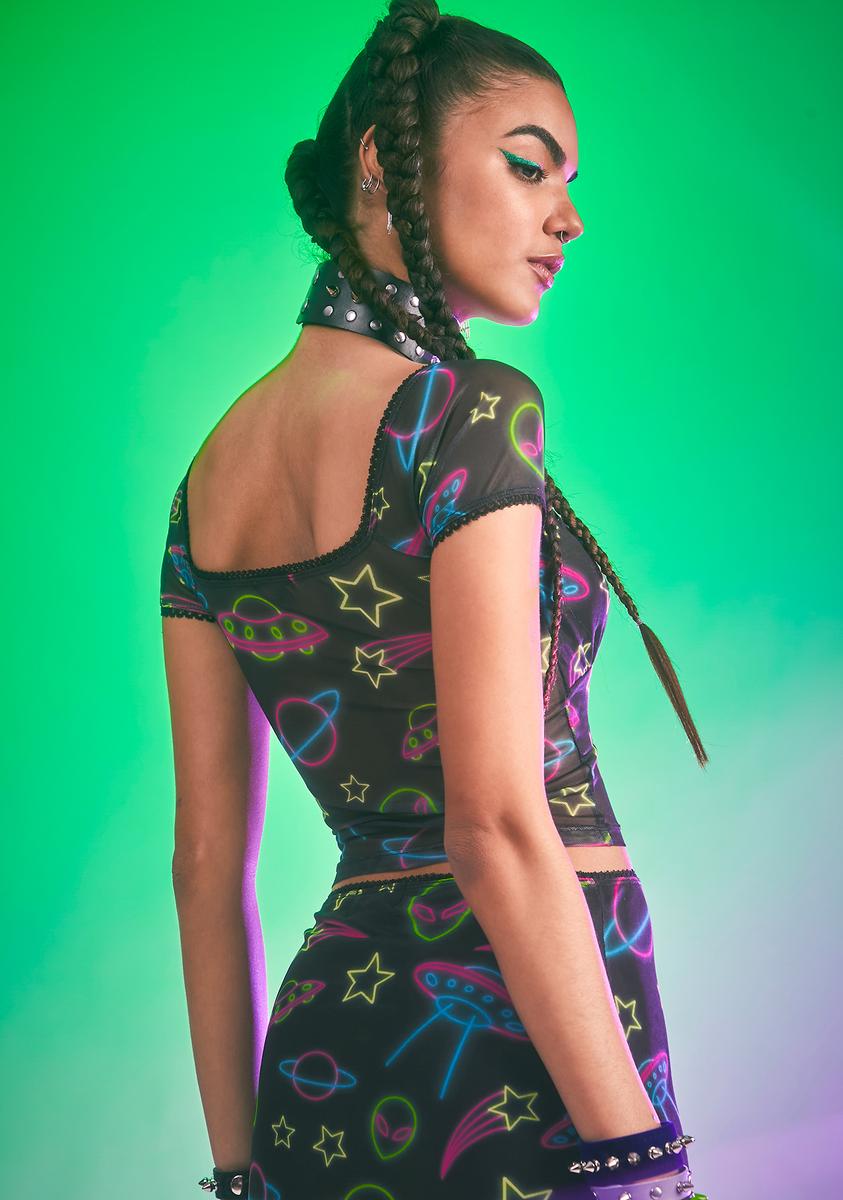 Horoscopez Taurus Neon Alien Print Mesh Top - Black – Dolls Kill