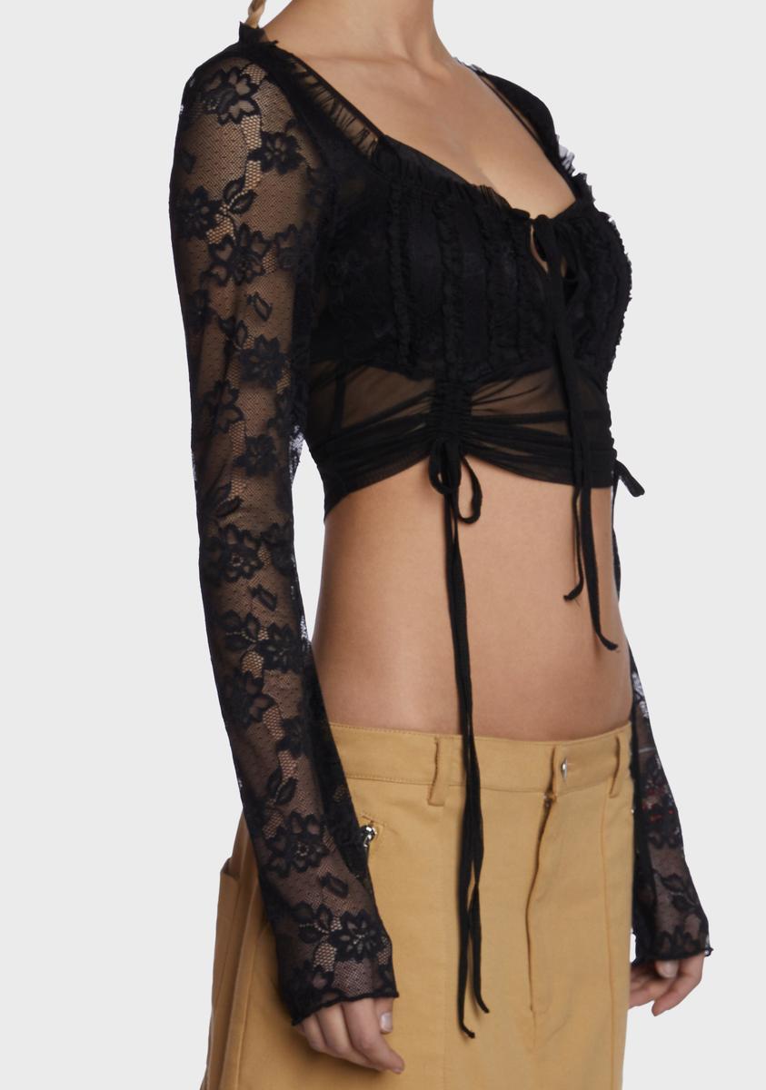 dELiA*s by Dolls Kill Mesh Overlay Lace Ruched Crop Top Black