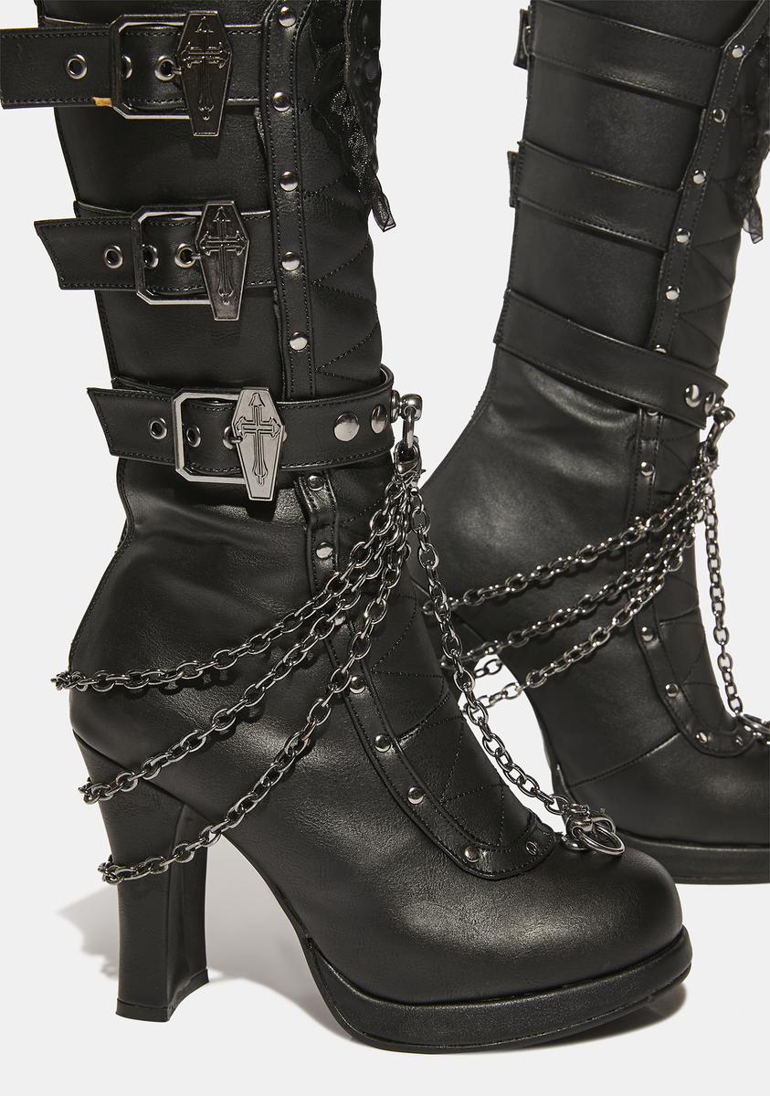 日本未発売+送料関税込☆ DEMONIA CRYPTO-67 Demonia Crypto-67 Calf High Skull Chain Heeled Boots - Black