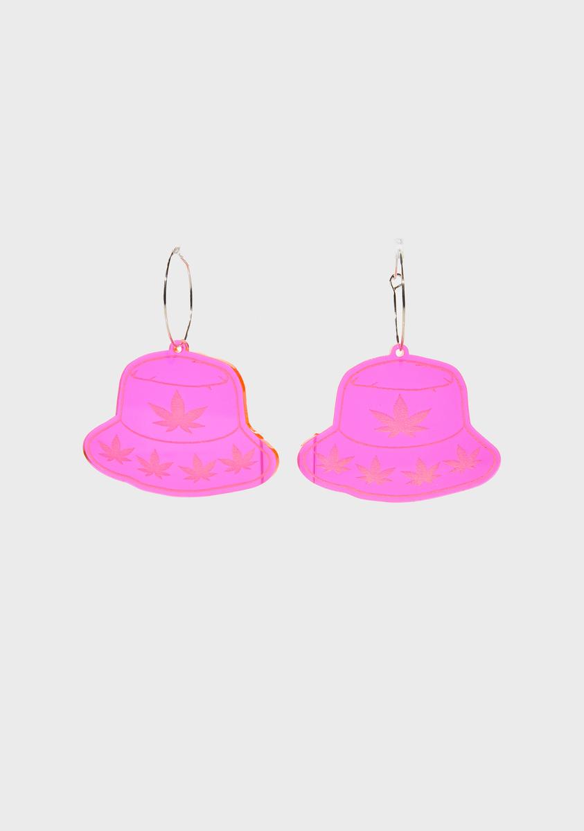 Rolita Rave Couture Neon Weed Leaf Bucket Hat Hoop Earrings Pink
