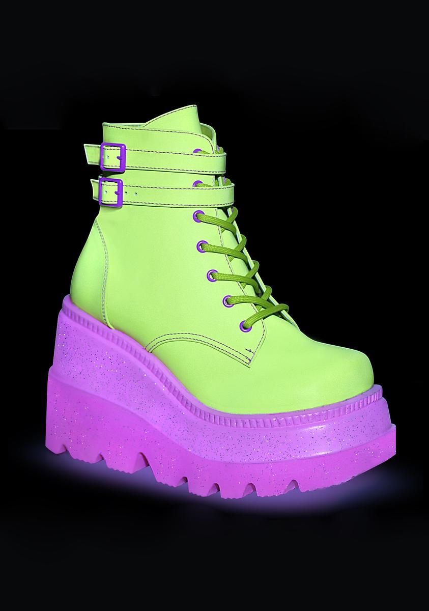 Demonia SHA52 Neon Colorblock Platform Boots – Dolls Kill