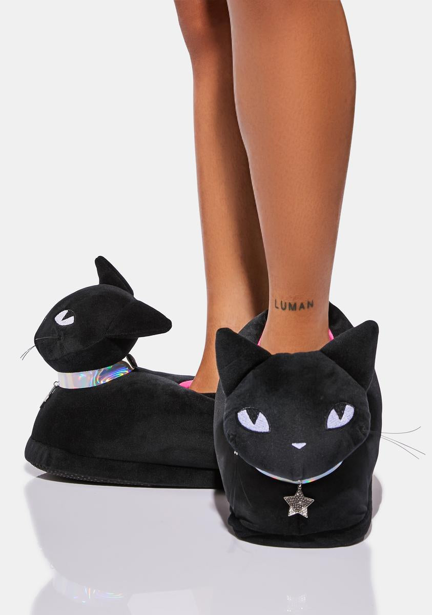 Dolls Kill X Emily The Strange Plush Cat Slippers Black