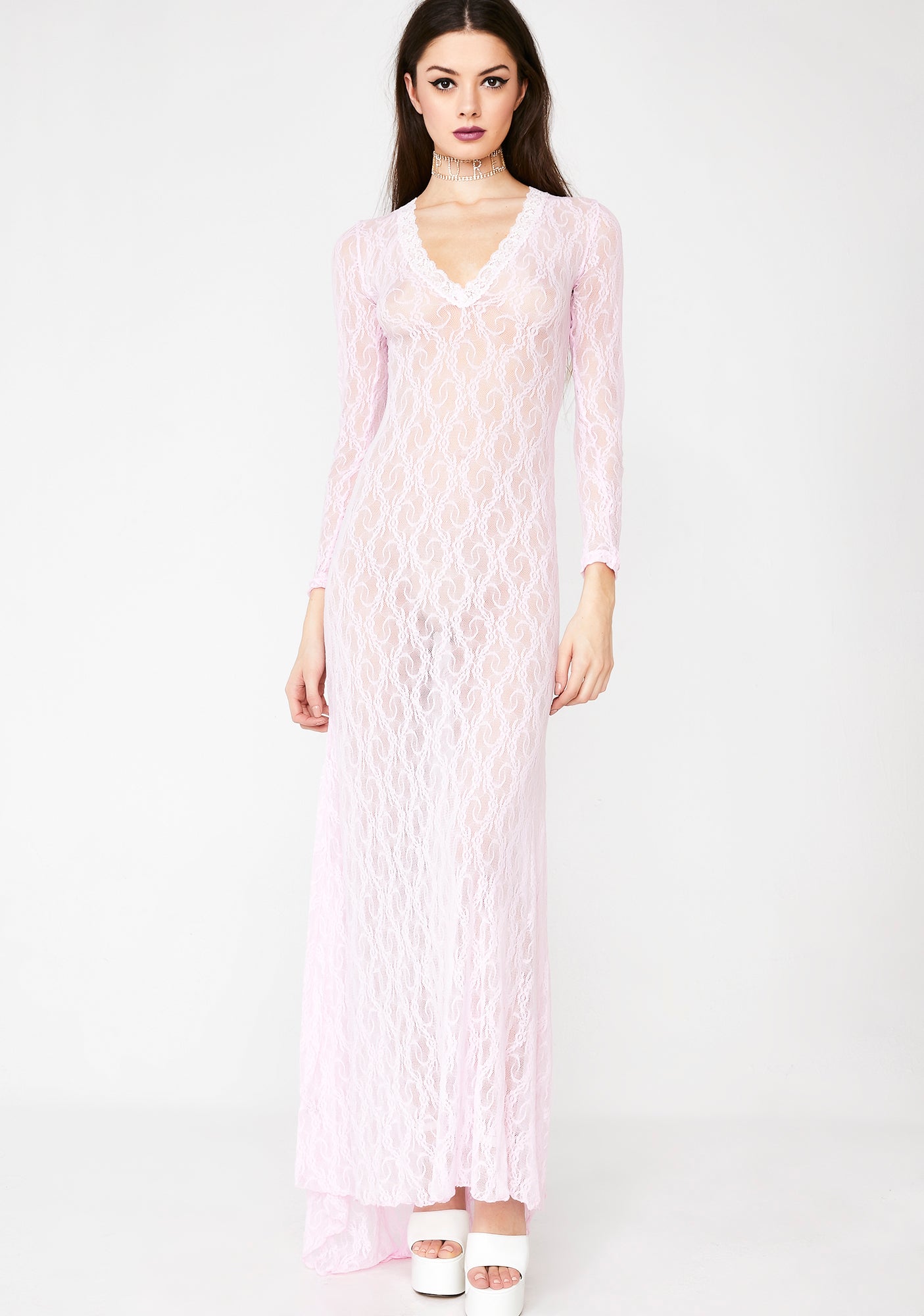 Pink Sheer Lace Maxi Nightie Dress – Dolls Kill
