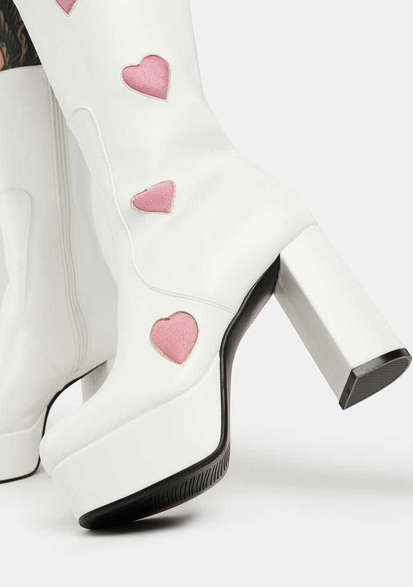 Lamoda Wide Calf Heart Detail Platform Go Go Boots - White/Pink – Dolls ...
