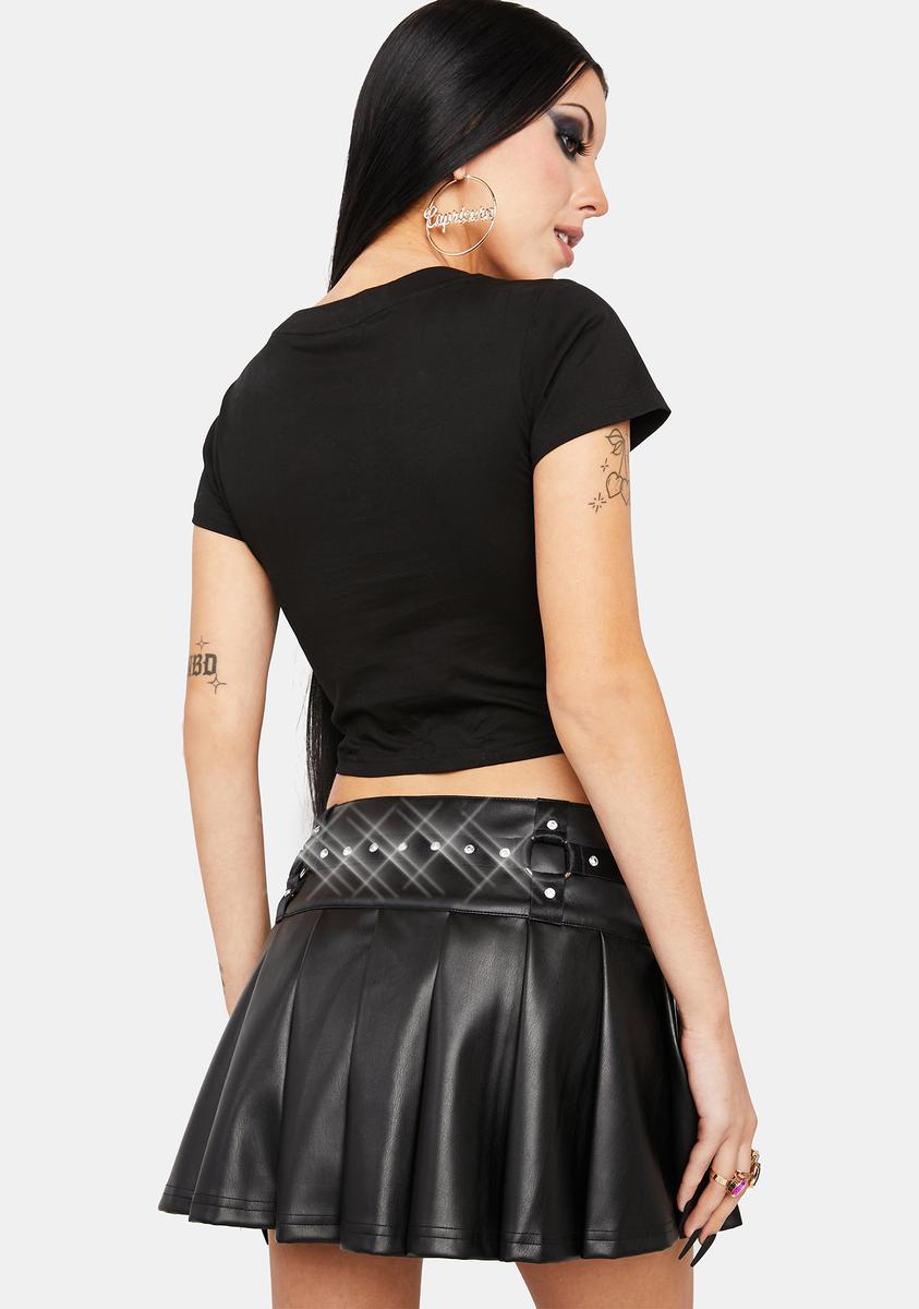 Horoscopez Vegan Leather Pleated Rhinestone Mini Skirt Black