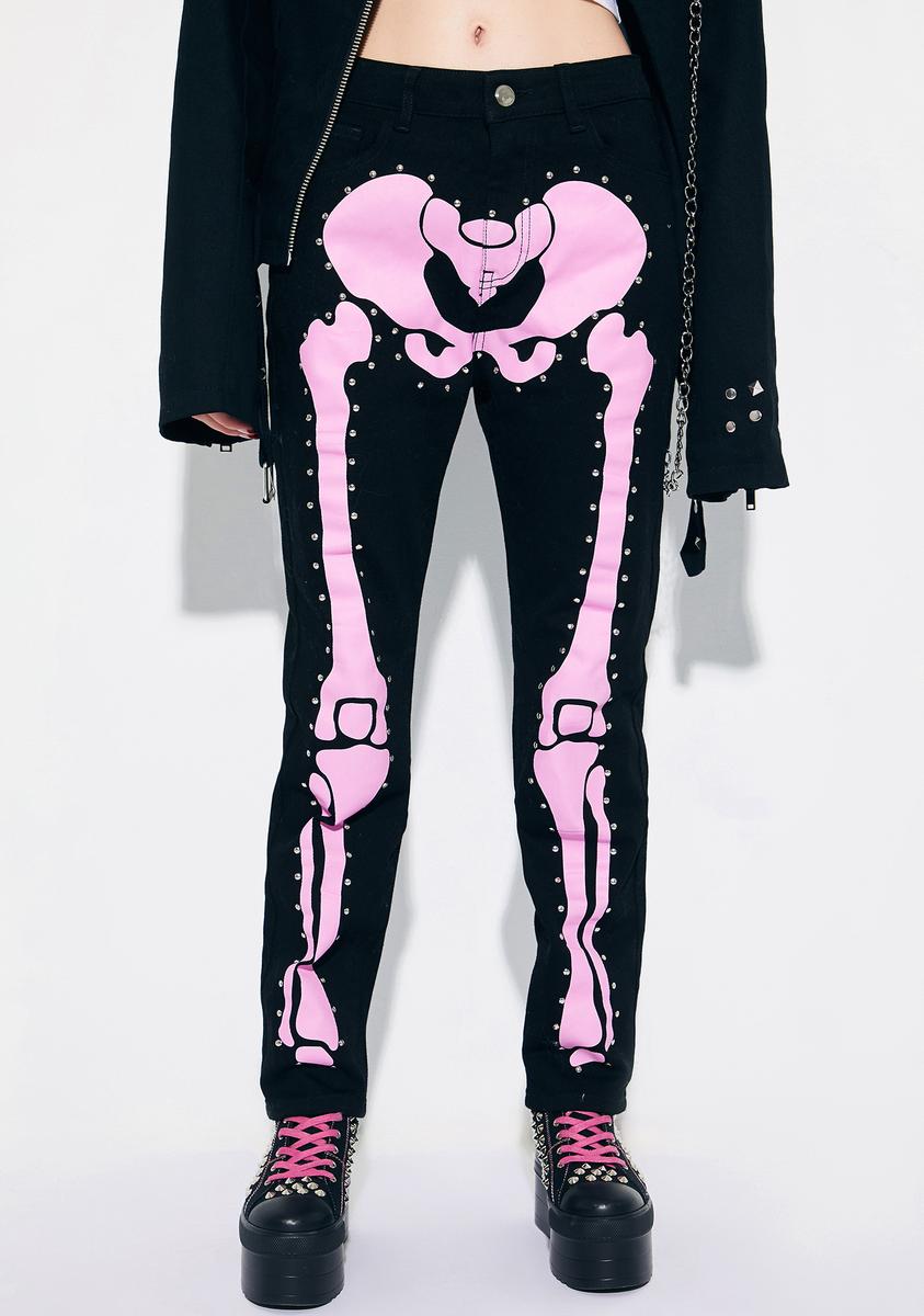 Current Mood Relaxed Fit Skeleton Rhinestone Stud Jeans - Black Pink ...