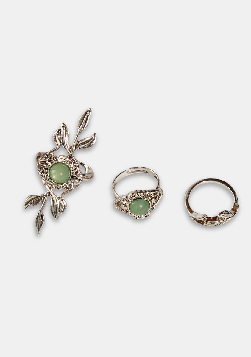 Leaf Metal Jade Ring Set - Silver – Dolls Kill