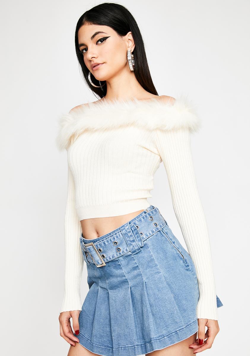 Faux Fur Trim Off The Shoulder Ribbed Knit Crop Sweater Off White