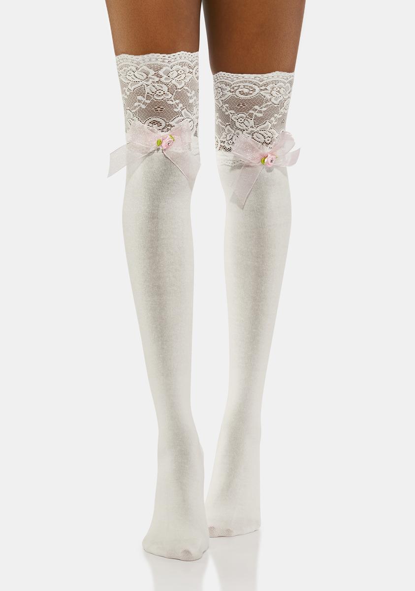 Thigh High Lace Bows Roses Stockings White Pink Dolls Kill thigh-high-lace-bows-roses-stockings-white-pink-dolls-kill