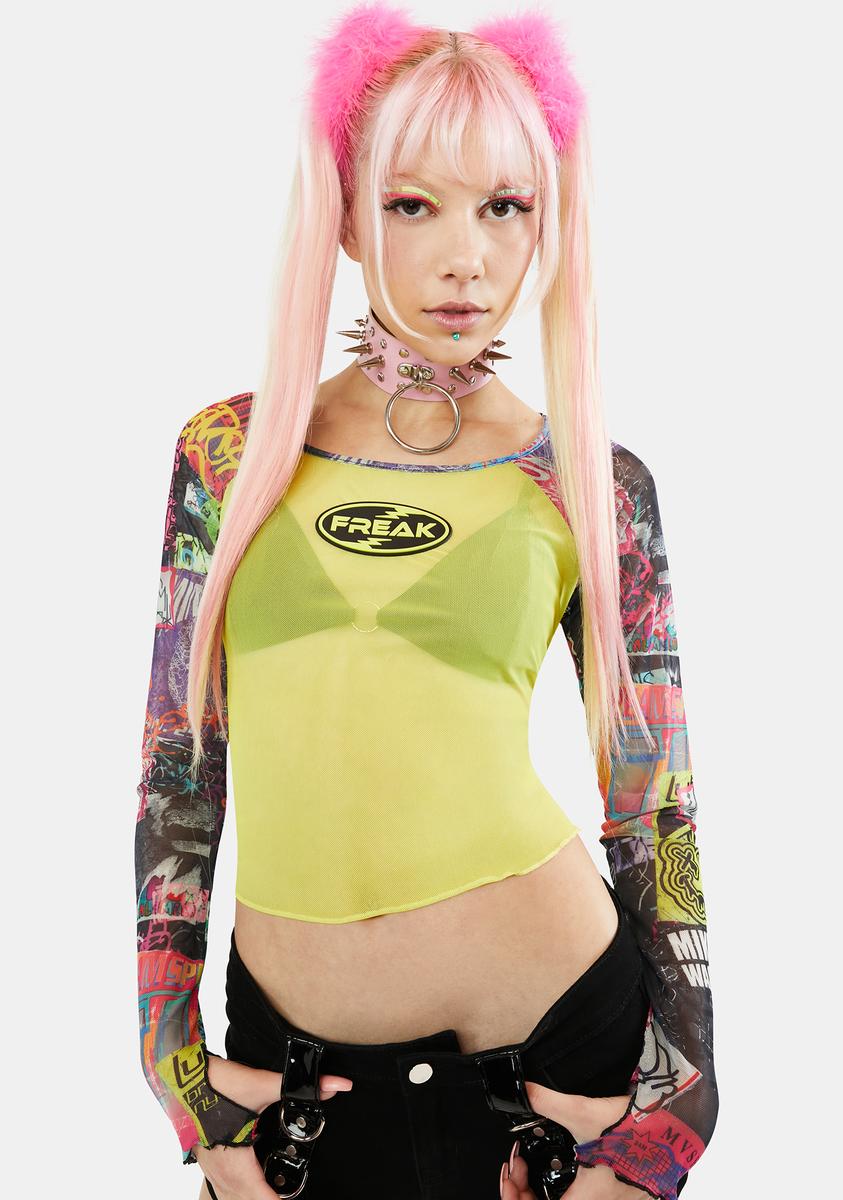 Horoscopez Freak Graffiti Print Mesh Top - Multi/Yellow – Dolls Kill