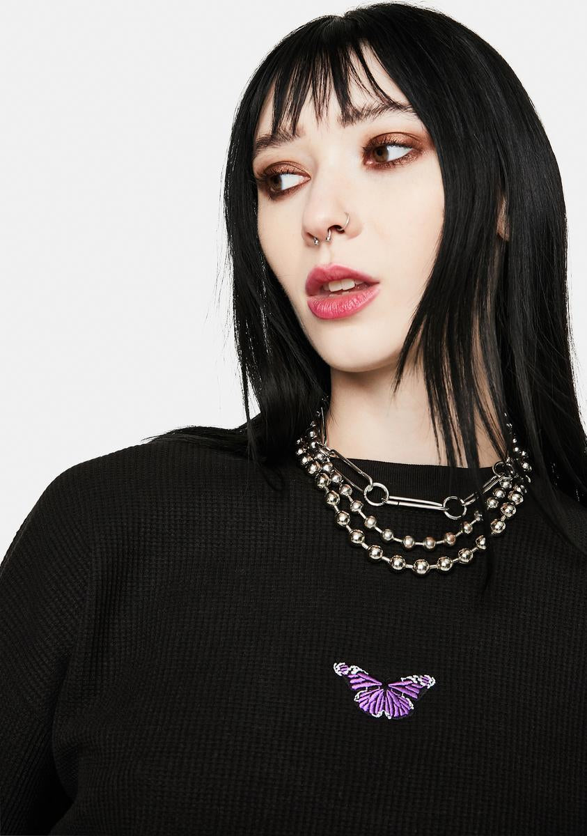 Hadley Embroidered Butterfly Waffle Knit Top – Dolls Kill