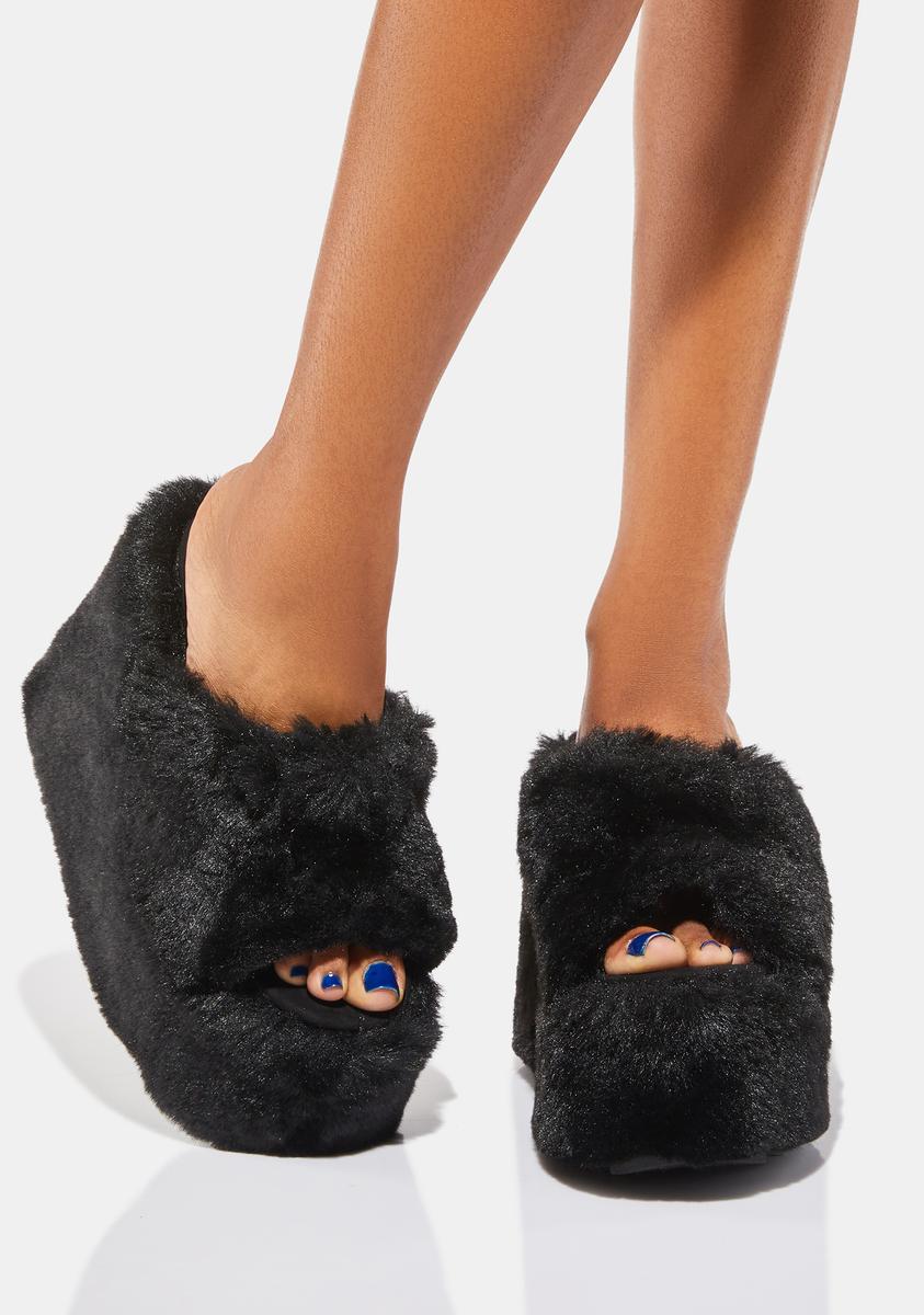 Dolls Kill Fluffy Wedge Slippers YRU Faux Fur Platform Wedge