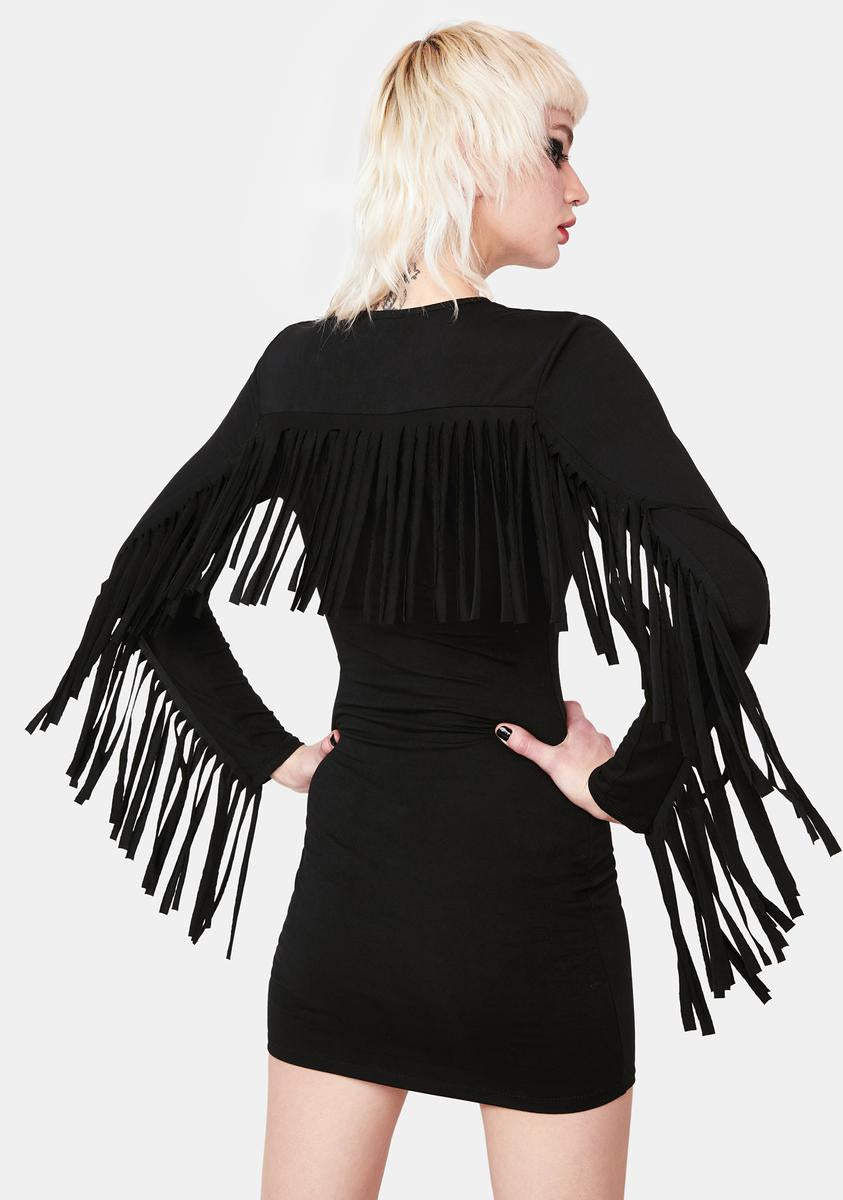 Long Sleeve Fringe Bodycon Mini Dress - Black Dolls Kill Long Sleeve Fringe Bodycon Mini Dress - Black Dolls Kill