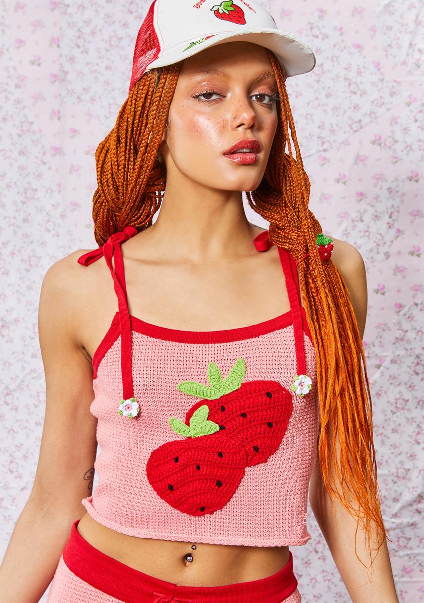 Strawberry Lace Trim Crop Cami