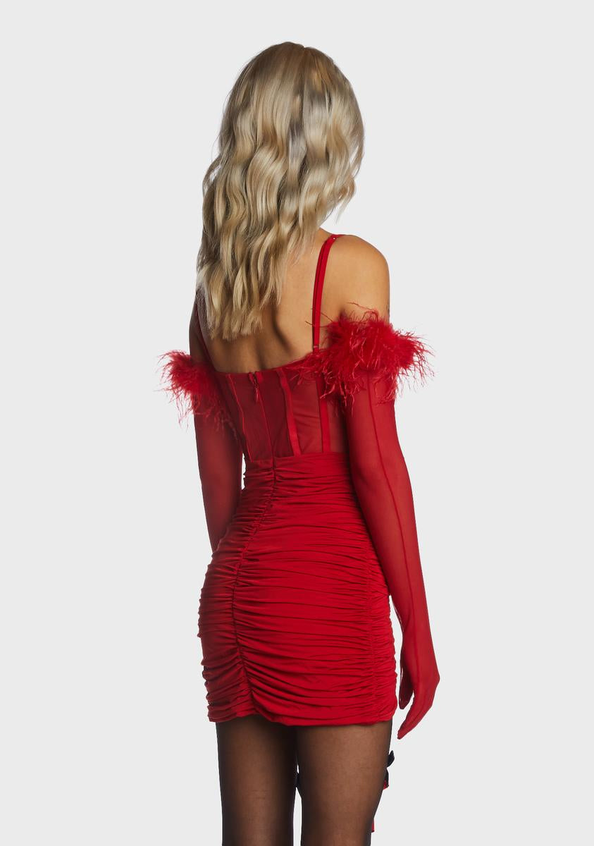 Kiki Riki Sheer Ruched Mini Dress And Gloves - Red  Dolls Kill