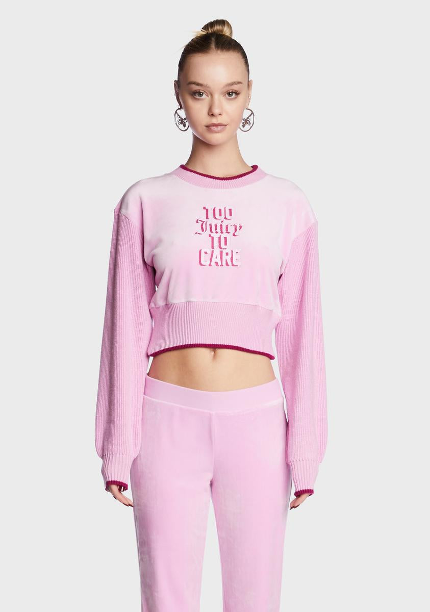 Juicy Couture Too Juicy To Care Crop Sweater - Pink Velour – Dolls Kill