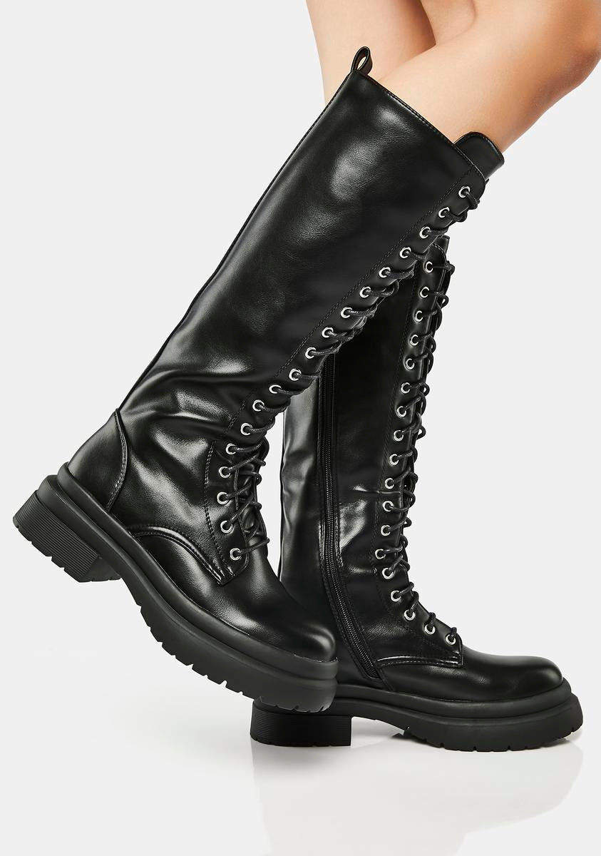 Lace Up Knee High Platform Boots - Black â Dolls Kill