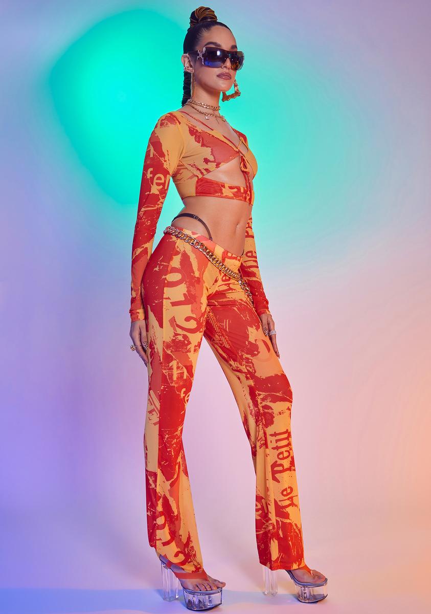 JADED LONDON/Tangerine ベロア セットアップ Jaded London Orange Tonal Ripped Magazine Print Mesh