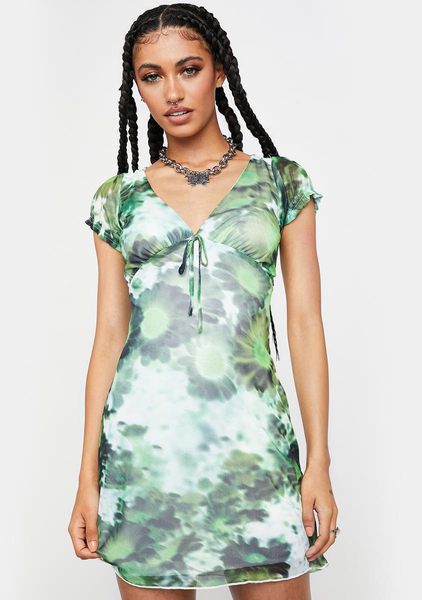 Motel V-Neck Mini Dress - Xray Blurred Daisy Green Mesh