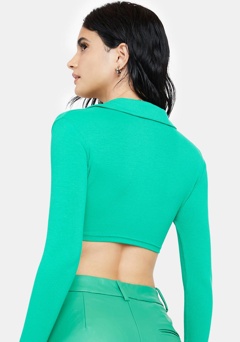 The Kript Ribbed Twist Front Collar Long Sleeve Crop Top