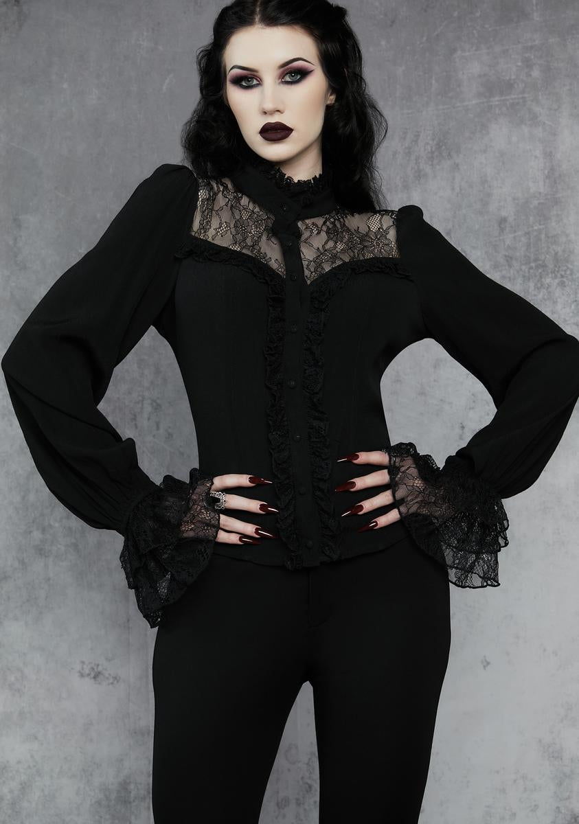 Widow Long Sleeve Lace Inset Blouse - Black – Dolls Kill