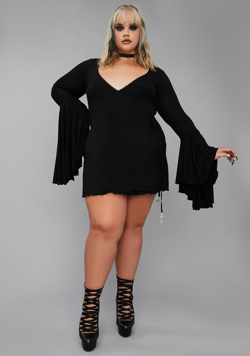 Plus Size Widow Cross Bell Sleeve Wrap Dress - Black  Dolls Kill