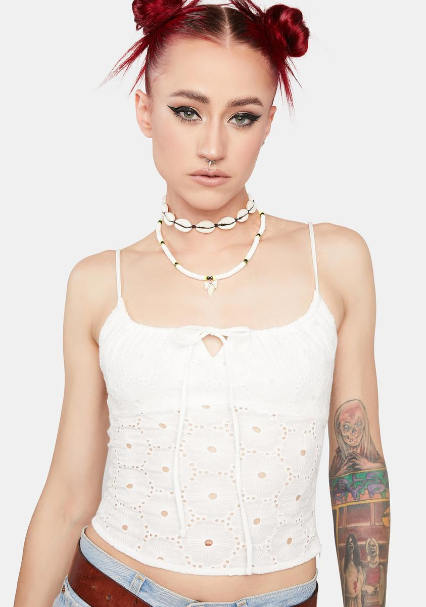 Floral Eyelet Cut Out Adjustable Self Tie Spaghetti Strap Crop Top ...