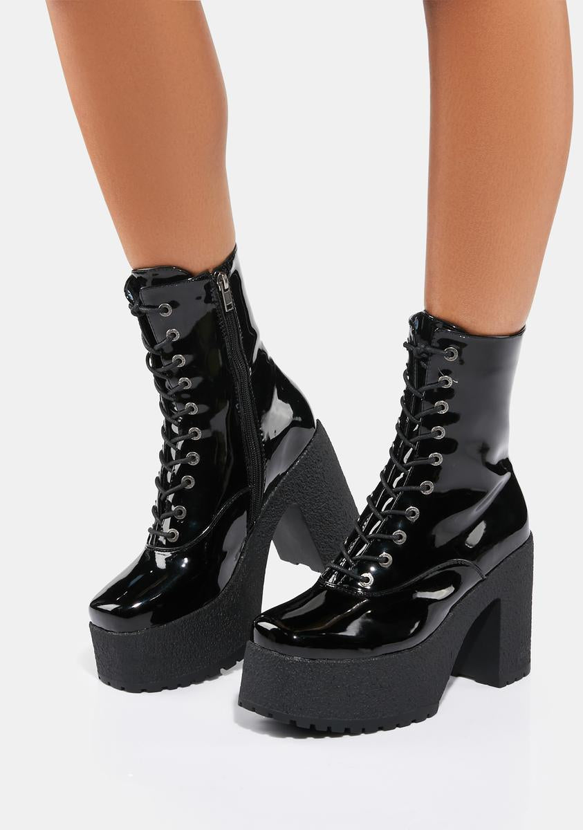 Lamoda Lace Up Heeled Platform Boots - Black Patent – Dolls Kill