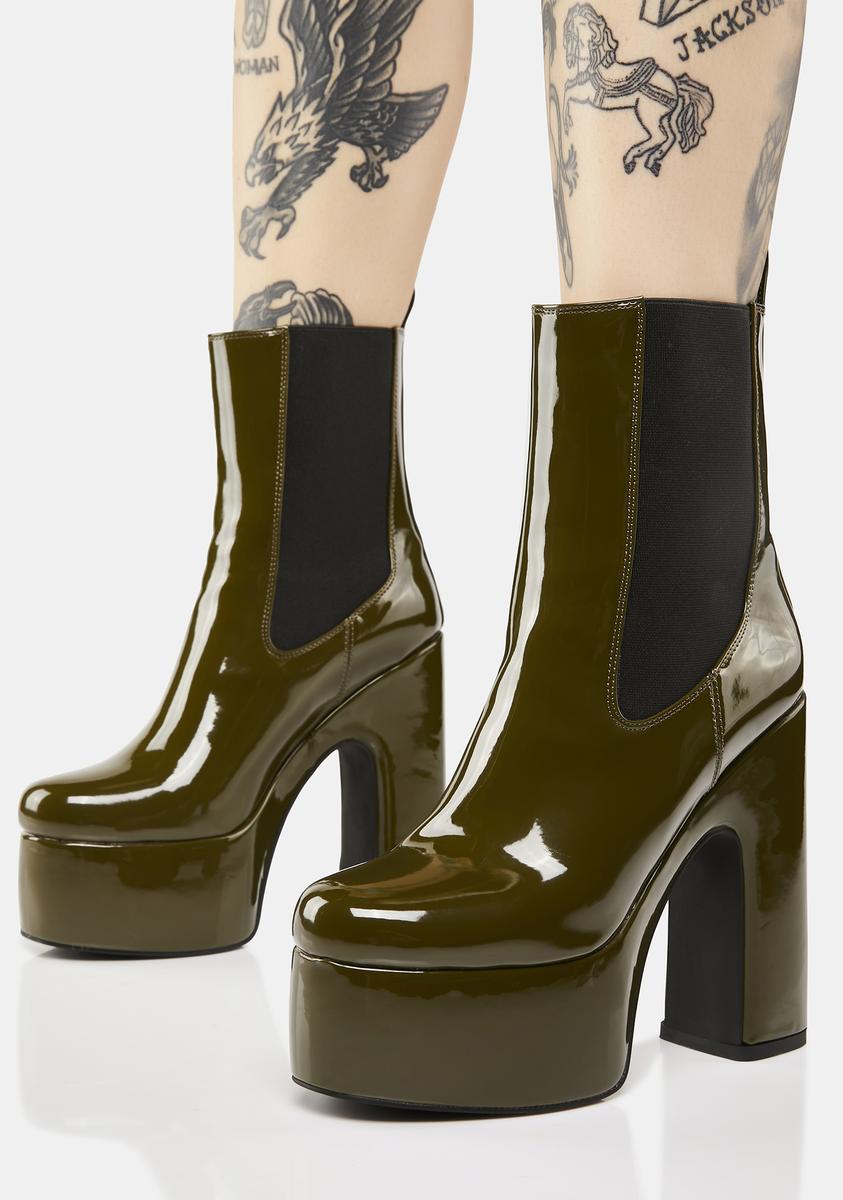 SIMMI Patent Vegan Leather Chelsea Heel Boots - Olive Green – Dolls Kill