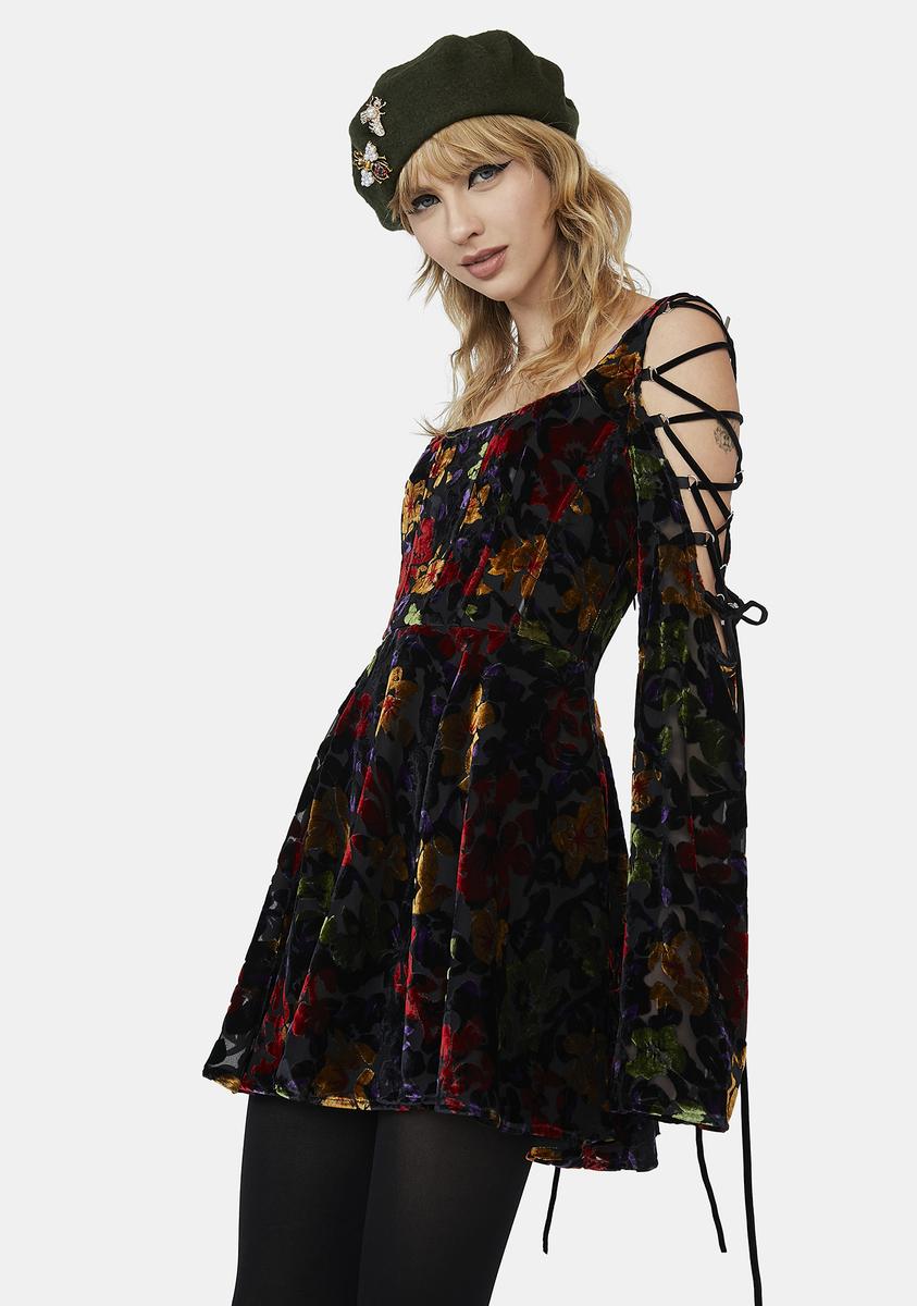 Current Mood Floral Velvet Burnout Cold Shoulder Dress – Dolls Kill