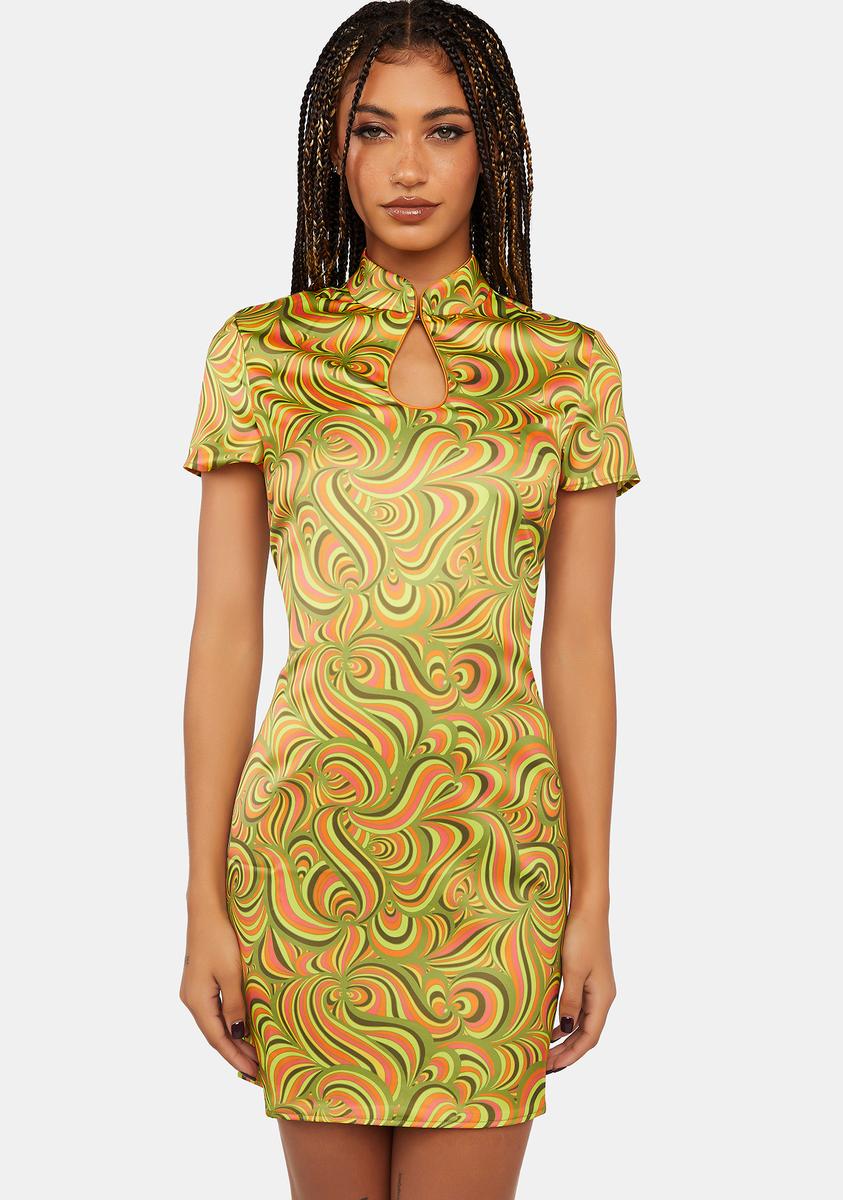 Keyhole Trippy Another Girl Trippy Print Keyhole Mini Dress - Yellow – Dolls Kill