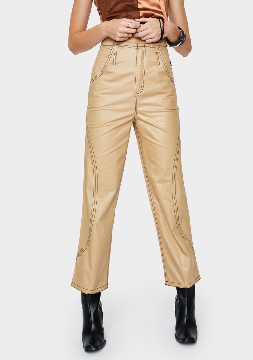 Beige Glossy High Waist Pants ZEMETA,All Products : American Fashion Style Bags On Sale
