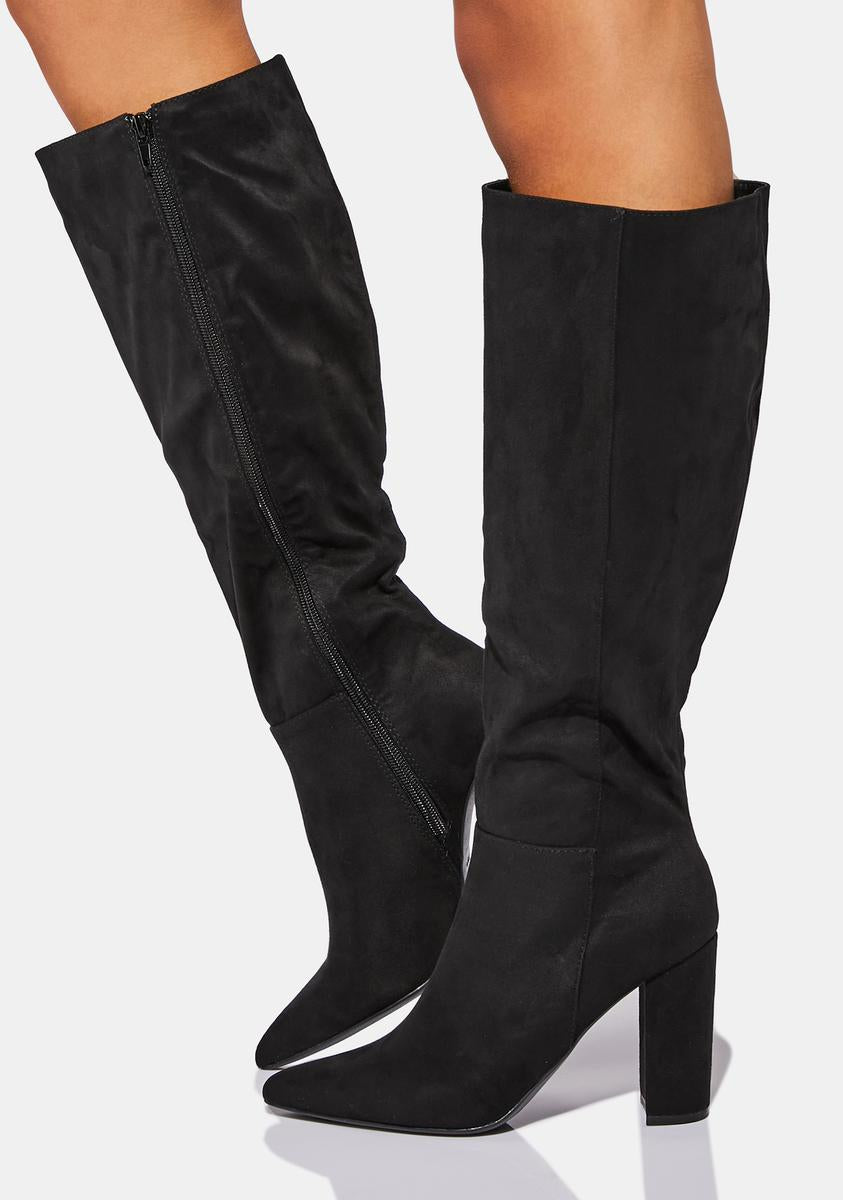 Faux Suede Knee High Block Heel Boots - Black – Dolls Kill